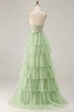 Strapless Green A Line Corset Tiered Ruffle Tulle Long Ball Dress with Slit