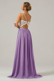 Steel Grey Open Back Boho Chiffon Long Bridesmaid Dress with Lace