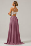 Steel Grey Open Back Boho Chiffon Long Bridesmaid Dress with Lace