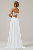 White Open Back Boho Chiffon Long Bridesmaid Dress with Lace