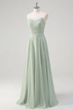 Matcha A Line Strapless Ruched Chiffon Long Bridesmaid Dress