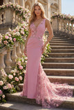 Mermaid Taro V-Neck Ruched Long Ball Dress with Appliqued 3D Flowers