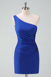 Royal Blue One Shoulder Bodycon Ruched Short Homecoming Dress