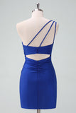 Royal Blue One Shoulder Bodycon Ruched Short Homecoming Dress