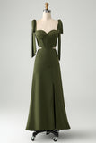 Olive  A Line Spaghetti Straps Floor Length Wedding Guest Dress with Slit