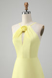 Yellow A Line Halter Cut Out Long Bridesmaid Dress with Flower