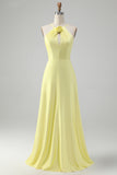 Yellow A Line Halter Cut Out Long Bridesmaid Dress with Flower