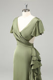 Olive V Neck Satin Sheath Wedding Guest Dress with Ruffles