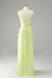 Lime Deep V Neck Ruffles Wedding Guest Dress with Slit