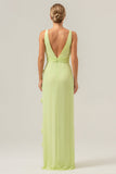 Lime Sheath Deep V Neck Backless Long Bridesmaid Dress with Ruffle Slit