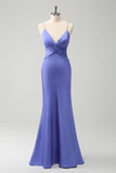 Purple Mermaid Spaghetti Straps Hollow Out Twist Front Bridesmaid Dress