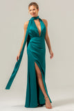 Peacock Sheath V-Neck Backless Long Bridesmaid Dress with Slit