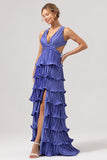 Purple A-Line V Neck Pleated Tiered Lace Up Back Long Bridesmaid Dress with Slit