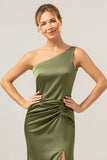 Olive Mermaid One Shoulder Backless Satin Long Bridesmaid Dress