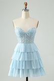 Light Blue A Line Sweetheart Tiered Short Homecoming Dress with Appliques