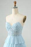 Light Blue A Line Sweetheart Tiered Short Homecoming Dress with Appliques