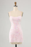 Sparkly Pink Bodycon Spaghetti Straps Short Homecoming Dress with Sequins