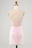 Sparkly Pink Bodycon Spaghetti Straps Short Homecoming Dress with Sequins