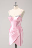 Stylish Sparkly Pink Spaghetti Straps Corset Tight Homecoming Dress with Beading