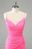 Glitter Hot Pink Bodycon Spaghetti Straps Sequins Short Homecoming Dress