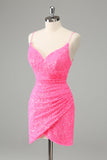 Glitter Hot Pink Bodycon Spaghetti Straps Sequins Short Homecoming Dress