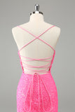 Glitter Hot Pink Bodycon Spaghetti Straps Sequins Short Homecoming Dress