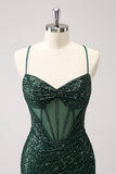 Dark Green Bodycon Spaghetti Straps Corset Short Homecoming Dress with Sequins