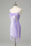 Sparkly Lilac Bodycon Sequins Short Homecoming Dress with Tassels