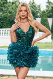 Glitter Dark Green Tight V Neck Sequins Homecoming Dress with Detachable Ruffles