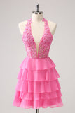 Hot Pink A Line Halter Tiered Corset Short Homecoming Dress with Ruffles