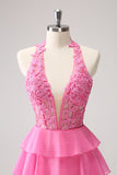 Hot Pink A Line Halter Tiered Corset Short Homecoming Dress with Ruffles