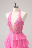 Hot Pink A Line Halter Tiered Corset Short Homecoming Dress