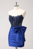 Sparkly Navy Strapless Beaded Appliques Tight Homecoming Dress