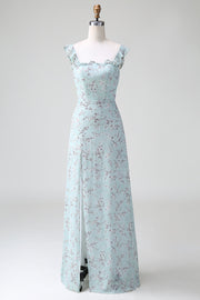 Grey Green Sheath Floral Print Long Bridesmaid Dress With Slit