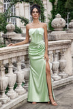 Green Sheath Corset Strapless Long Bridesmaid Dress With Slit