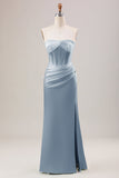 Green Sheath Corset Strapless Long Bridesmaid Dress With Slit