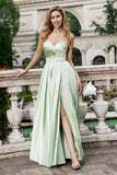 Green A Line Pleated Strapless Keyhole Bridesmaid Dress With Slit