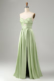 Green A Line Pleated Strapless Keyhole Bridesmaid Dress With Slit