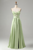 Green A Line Pleated Strapless Keyhole Maxi Bridesmaid Dress With Slit