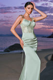 Green Mermaid Satin Bridesmaid Dress with Slit