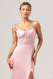 Mermaid Spaghetti Straps Satin Pink Long Bridesmaid Dress with Slit