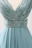 Grey Green V Neck A-Line Sequins Chiffon Long Bridesmaid Dress