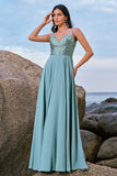 Spaghetti Straps Grey Green A-Line Chiffon Bridesmaid Dress with Slit