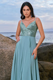 Spaghetti Straps Grey Green A-Line Chiffon Bridesmaid Dress with Slit