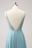 Grey Green A-Line Spaghetti Straps Chiffon Long Bridesmaid Dress with Slit