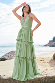 Green A Line Ruffled Floral Long Bridesmaid Dress with Lace