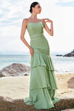 Green Mermaid Floral Chiffon Long Ruffled Bridesmaid Dress with Lace