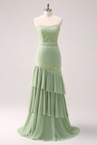 Green Floral Rufffled Chiffon Bridesmaid Dress with Lace