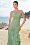 Green Mermaid Floral Chiffon Long Ruffled Bridesmaid Dress with Lace