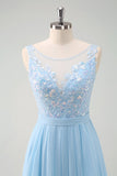 Sparkly Sky Blue Bateau Neck Pleated Long Bridesmaid Dress